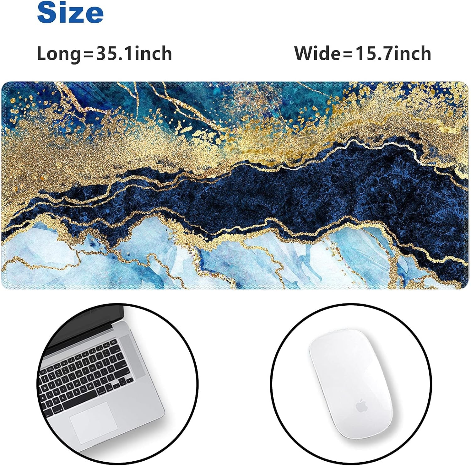 Artso XXL Blue Marble Gaming Mouse Pad – Extra Large Non-Slip Desk Mat with Stitched Edges for Ultimate Comfort and Style, 35.1" x 15.7