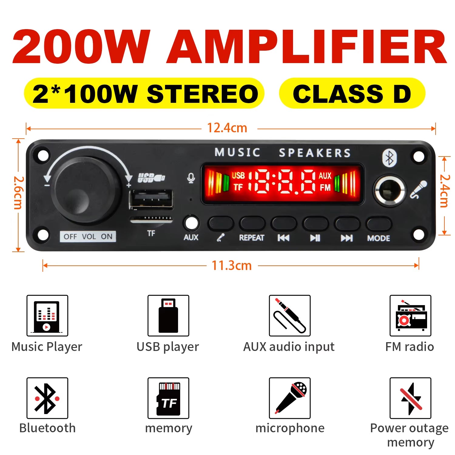 NEW 200W Amplifier Bluetooth DIY MP3 WAV Decoder Board DC 12V 100W Wireless Car USB MP3 Player TF Card Slot USB FM with Mic