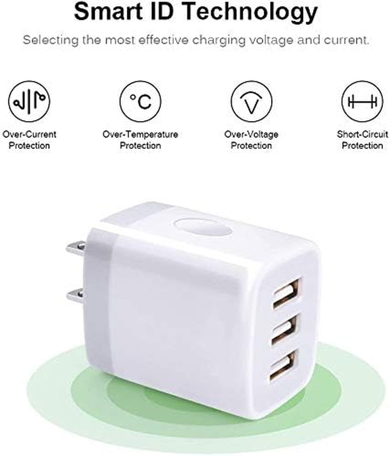 Sicodo 3-Pack Fast Charging USB Wall Charger Adapter - 3.1A Power for iPhone, Samsung Galaxy, and Google Devices