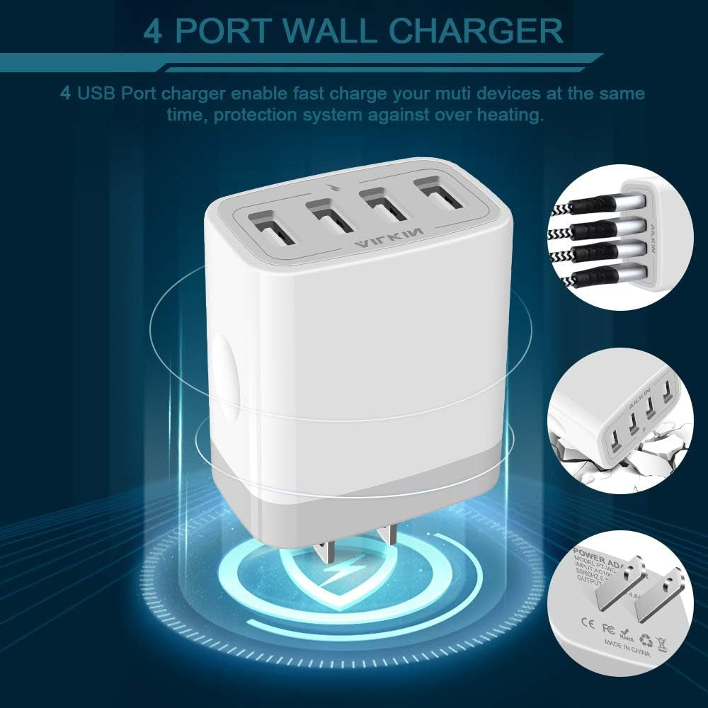 AILKIN 2-Pack High-Speed 4.8A Multi-Port USB Wall Charger - Compatible with iPhone, Samsung, LG & More!