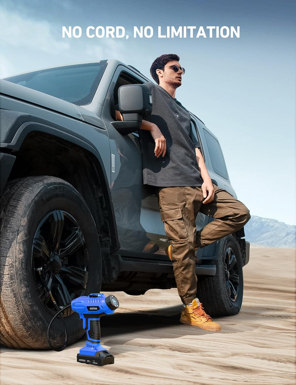 Astroai C2 Cordless 20V Tire Inflator - Portable 160PSI Air Compressor with Rechargeable Battery & 12V Car Adapter, Perfect for Cars and Motorcycles - Compact Handheld Design with Digital Pressure Gauge - Sleek Blue Finish