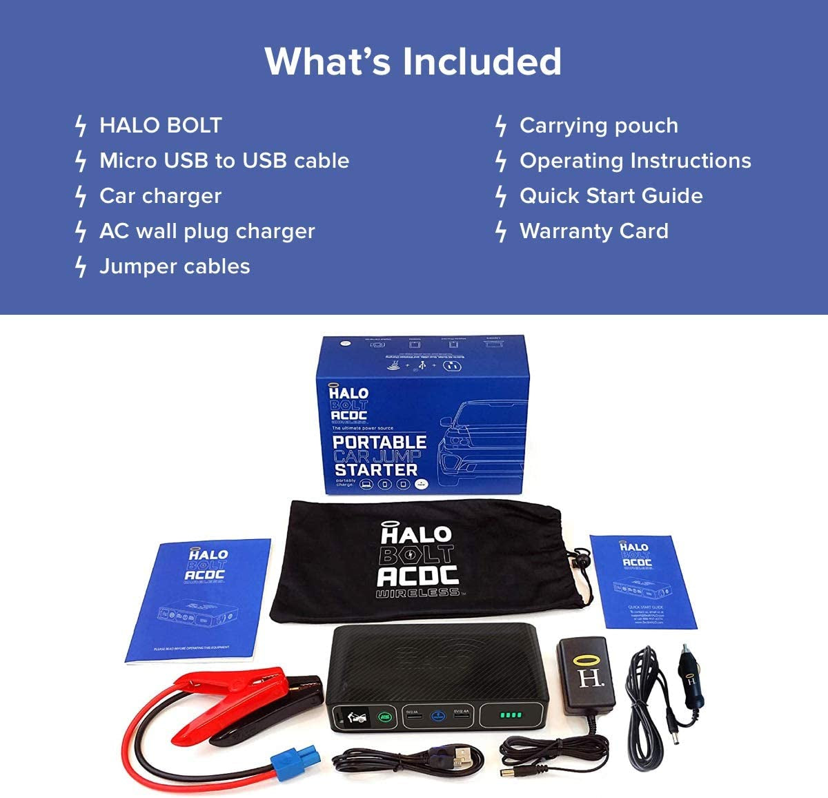 HALO Bolt 44400mAh Wireless Power Bank - Portable Charger & Car Jump Starter for Laptops & Phones with AC Outlet - Stylish Blue Graphite Design