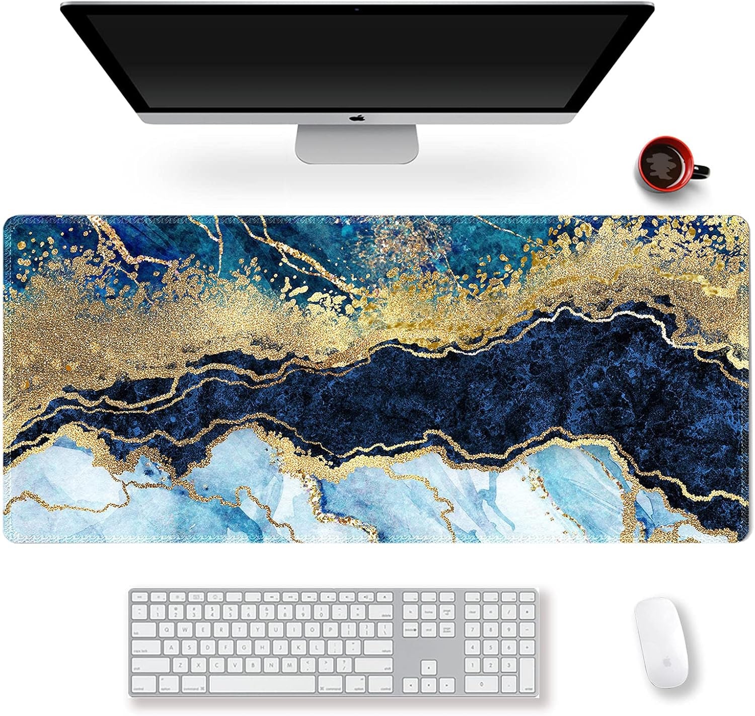 Artso XXL Blue Marble Gaming Mouse Pad – Extra Large Non-Slip Desk Mat with Stitched Edges for Ultimate Comfort and Style, 35.1" x 15.7