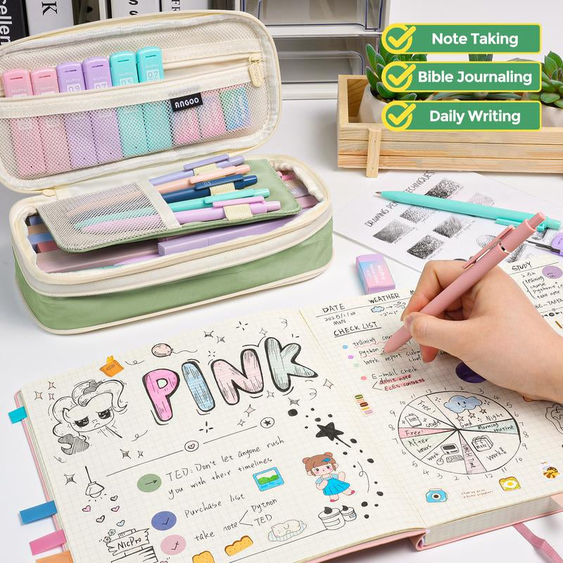 Nicpro 50 Pack Aesthetic School Supplies with Pen Case, 5 Quick Dry Retractable Black Ink Pens, 12 Pastel Highlighters, 6 Pastel Mechanical Pencil Set 0.5 & 0.7 & 0.9 & 2.0 Mm for Students Stationary