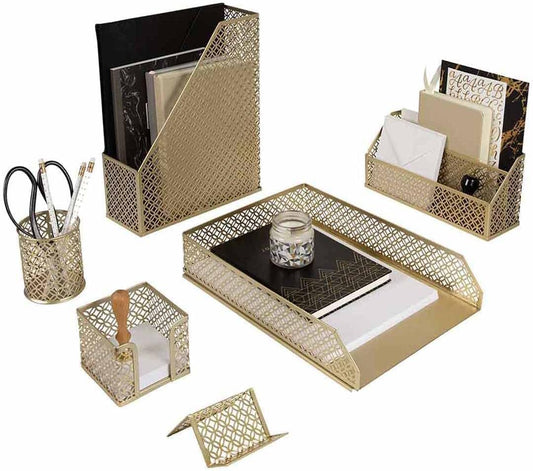 Elevate Your Workspace with the BLU MONACO Gold Desk Organizer Set – Stylish Pink Office Decor with Mail Sorter, Sticky Note Holder, Pen Cup, Magazine Holder, Letter Tray & Business Card Holder!