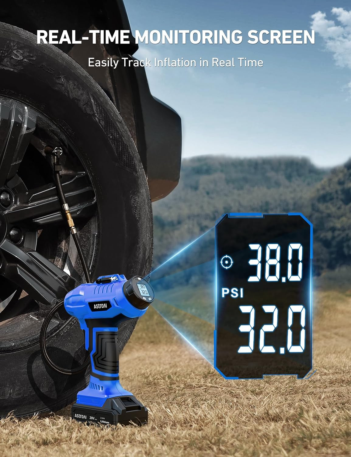 Astroai C2 Cordless 20V Tire Inflator - Portable 160PSI Air Compressor with Rechargeable Battery & 12V Car Adapter, Perfect for Cars and Motorcycles - Compact Handheld Design with Digital Pressure Gauge - Sleek Blue Finish