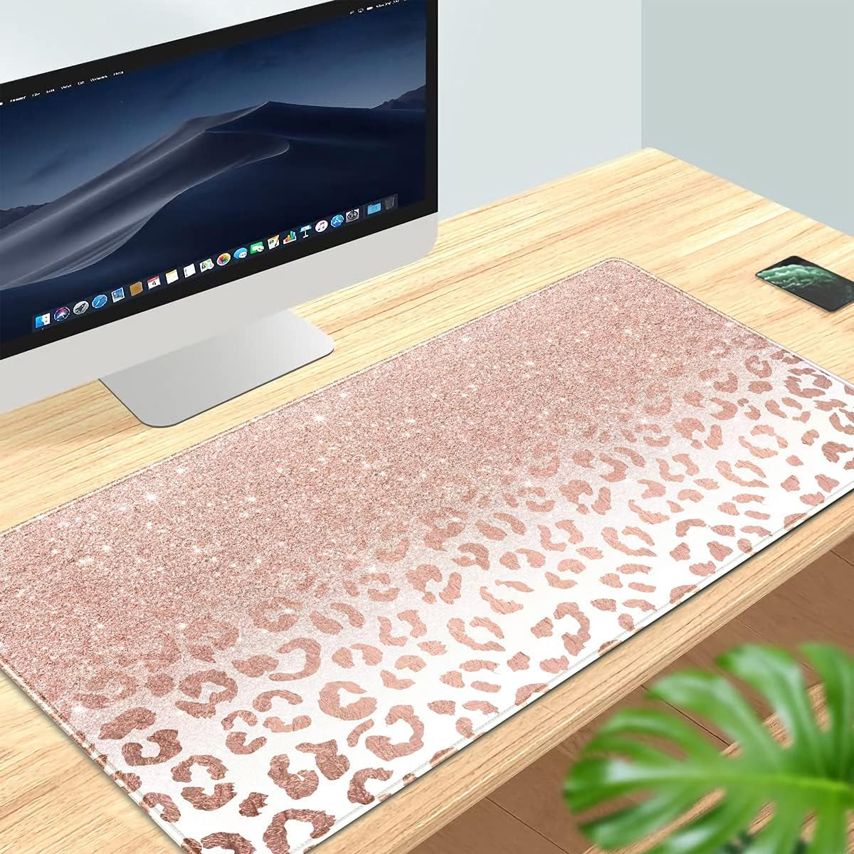 Chic Pink Rose Gold Leopard Print XXL Desk Mat - Trendy Non-Slip Mouse Pad for Women, 31.5x15.75 Inches with Durable Stitched Edges