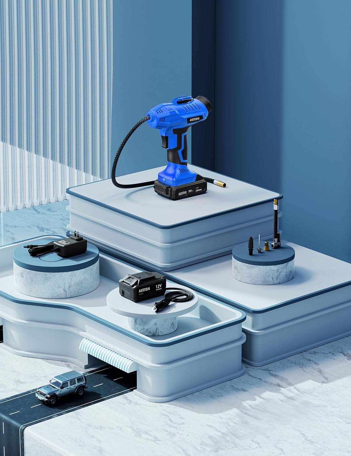 Astroai C2 Cordless 20V Tire Inflator - Portable 160PSI Air Compressor with Rechargeable Battery & 12V Car Adapter, Perfect for Cars and Motorcycles - Compact Handheld Design with Digital Pressure Gauge - Sleek Blue Finish