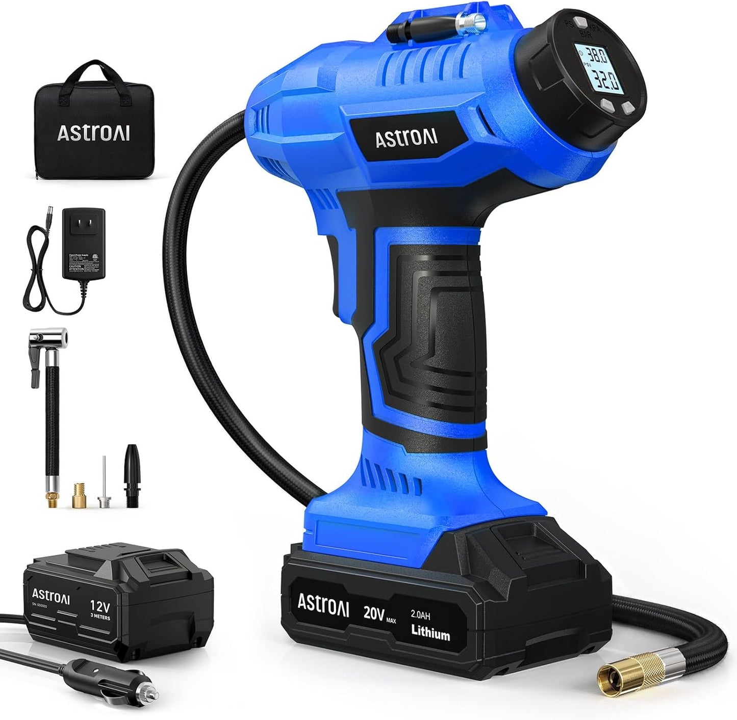 Astroai C2 Cordless 20V Tire Inflator - Portable 160PSI Air Compressor with Rechargeable Battery & 12V Car Adapter, Perfect for Cars and Motorcycles - Compact Handheld Design with Digital Pressure Gauge - Sleek Blue Finish