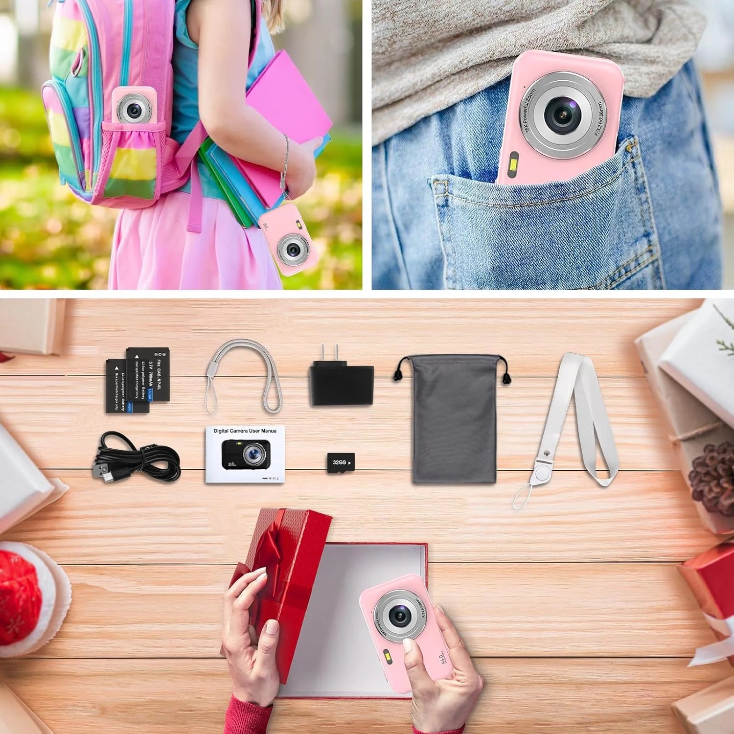 Digital Camera Kids Camera with 32GB Card FHD 1080P 44MP Vlogging Camera 16X Digital Zoom Portable Camera (Pink)