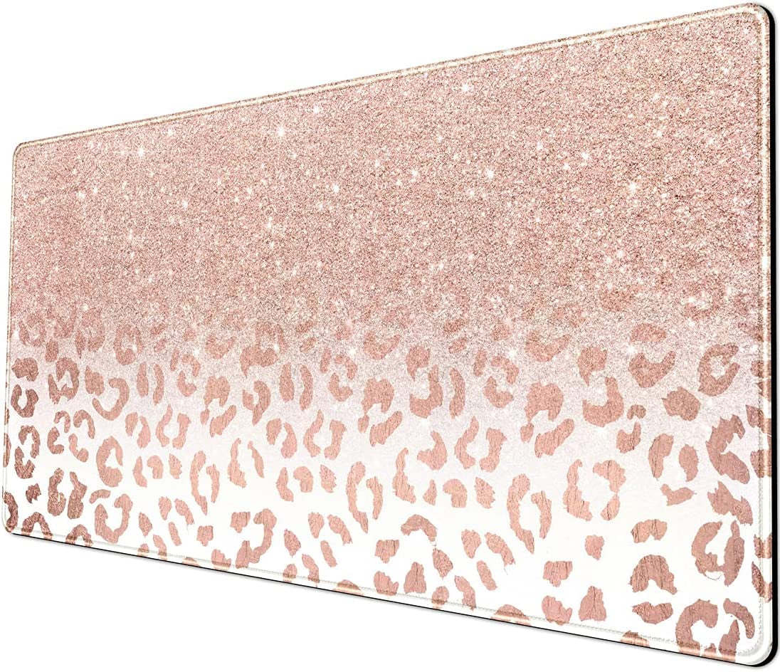 Chic Pink Rose Gold Leopard Print XXL Desk Mat - Trendy Non-Slip Mouse Pad for Women, 31.5x15.75 Inches with Durable Stitched Edges
