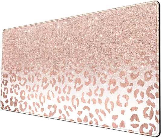 Chic Pink Rose Gold Leopard Print XXL Desk Mat - Trendy Non-Slip Mouse Pad for Women, 31.5x15.75 Inches with Durable Stitched Edges