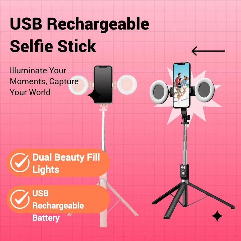 Multifunctional Selfie Stick, USB Rechargeable Retractable Phone Tripod with Dual Beauty Fill Lights, Selfie Stick with BT Remote Control for Live Streaming, Smartphone Cellphone Vlogging Kit