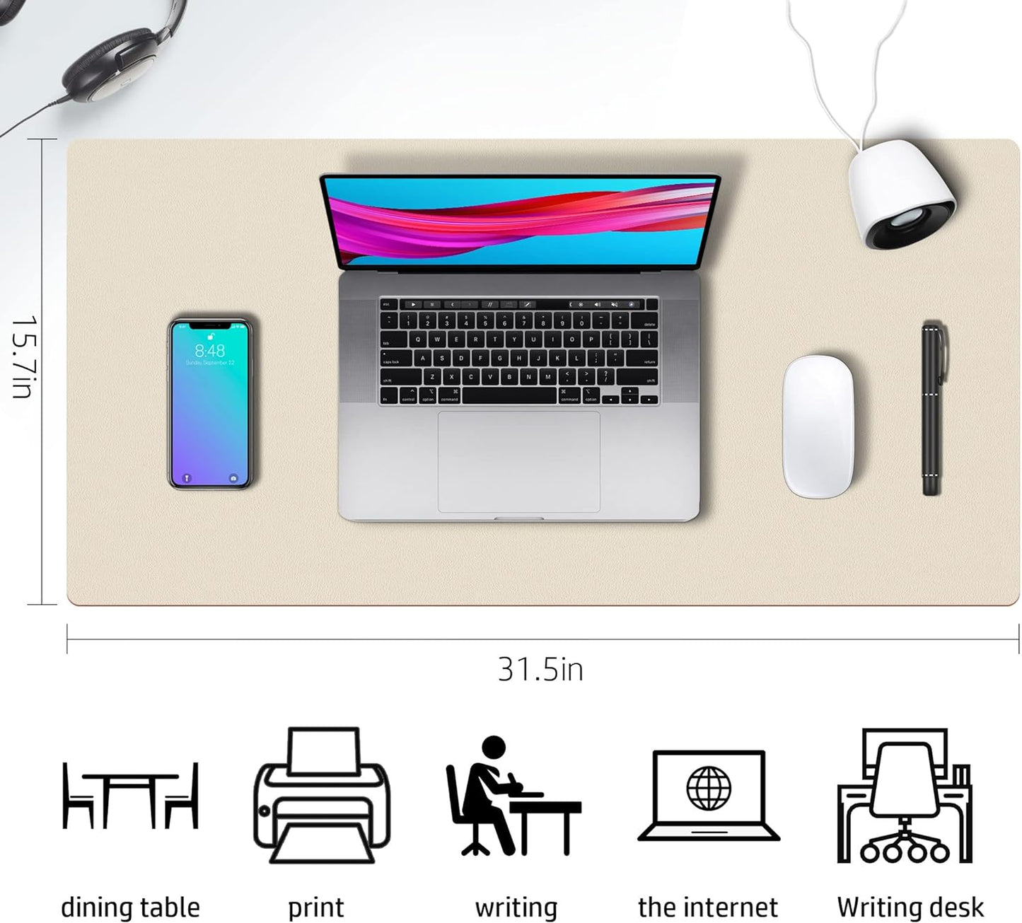 Aothia Extra Large Double-Sided PU Leather Desk Pad - Non-Slip Mouse Pad & Durable Desk Mat for Home/Office - Waterproof & Easy to Clean (31.5" X 15.7", Beige)