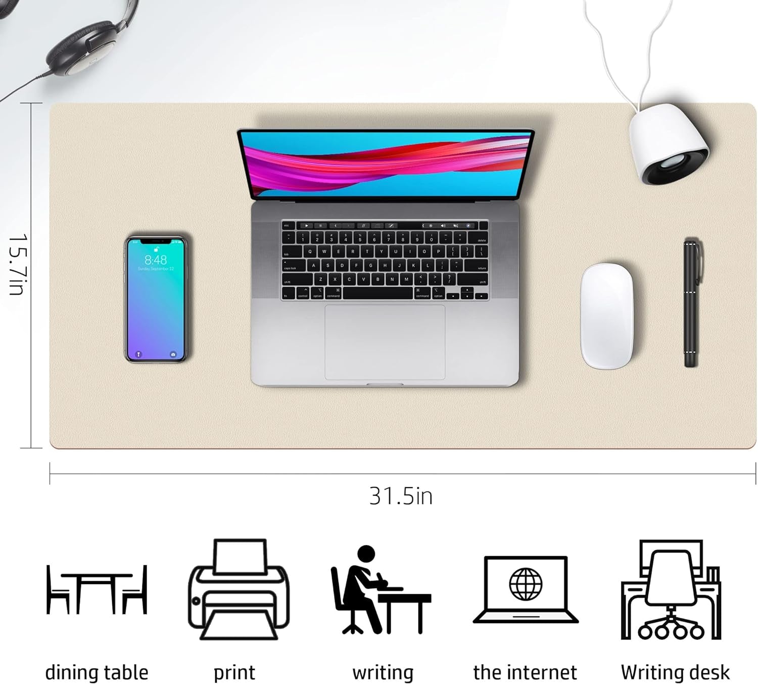 Aothia Extra Large Double-Sided PU Leather Desk Pad - Non-Slip Mouse Pad & Durable Desk Mat for Home/Office - Waterproof & Easy to Clean (31.5" X 15.7", Beige)