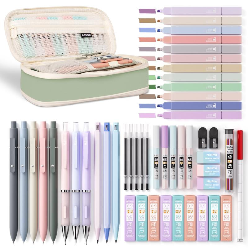 Nicpro 50 Pack Aesthetic School Supplies with Pen Case, 5 Quick Dry Retractable Black Ink Pens, 12 Pastel Highlighters, 6 Pastel Mechanical Pencil Set 0.5 & 0.7 & 0.9 & 2.0 Mm for Students Stationary