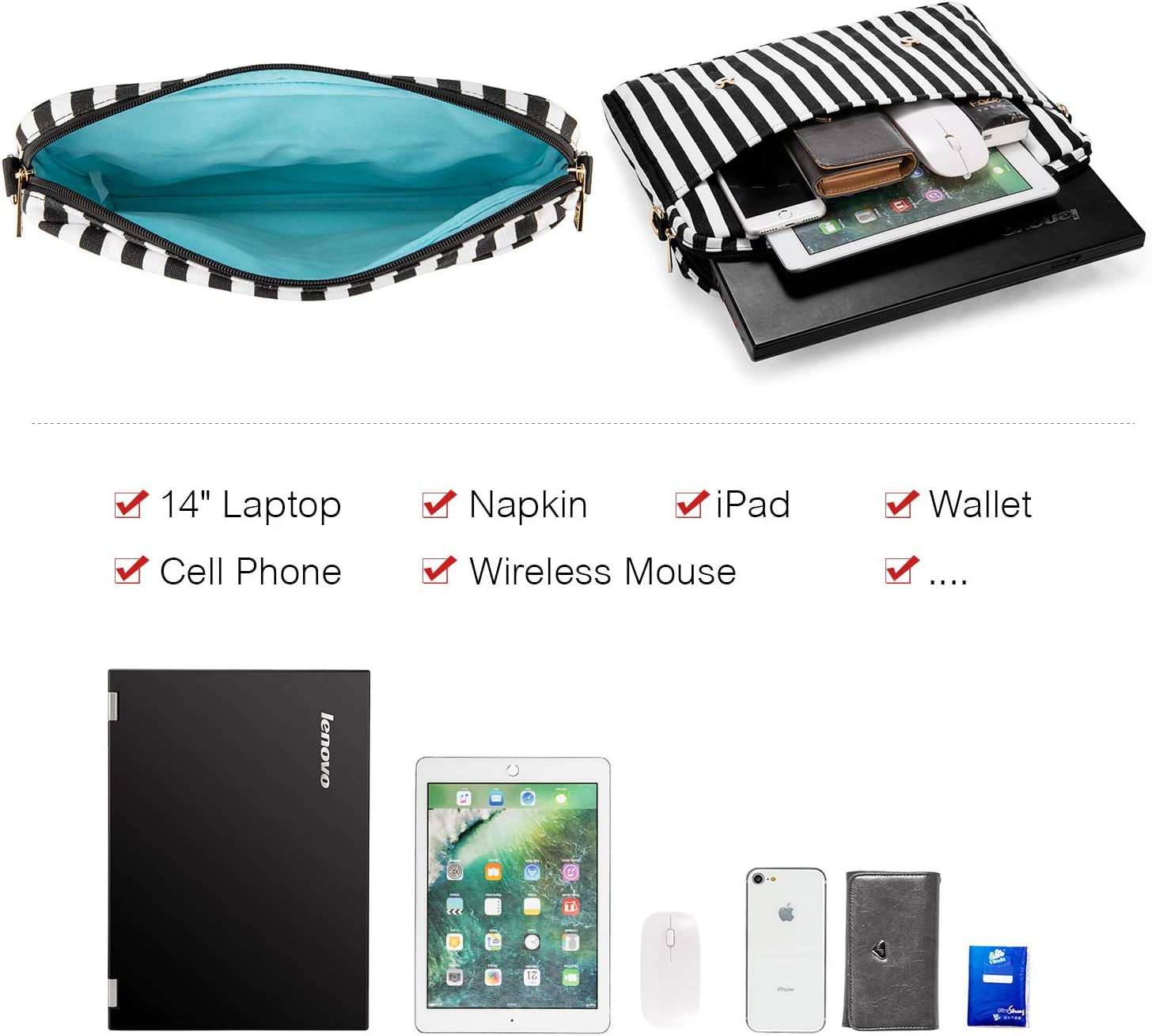 Stylish 14-Inch Laptop Messenger Bag for Women - Black Stripe Computer Case for Work and College