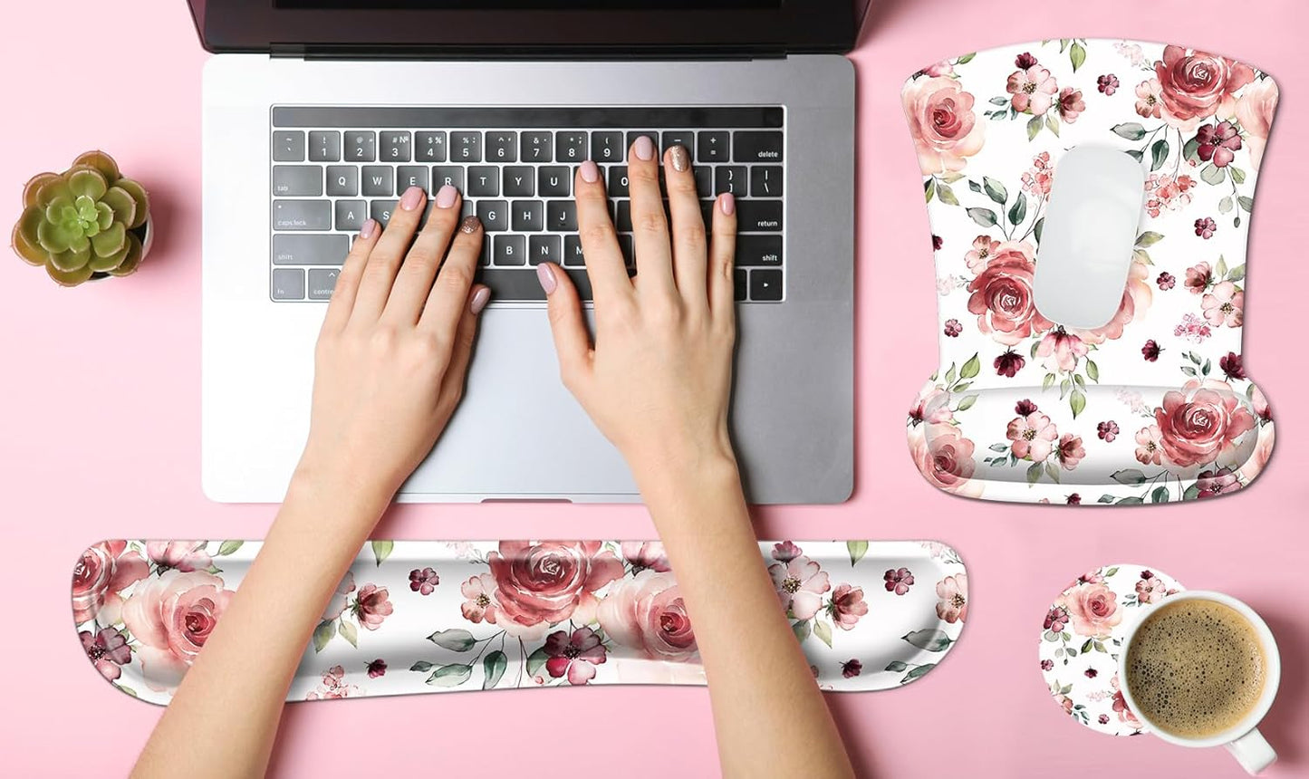 Ergonomic Peony Flower Mouse Pad & Memory Foam Wrist Rest Set – Ultimate Comfort & Pain Relief for Easy Typing
