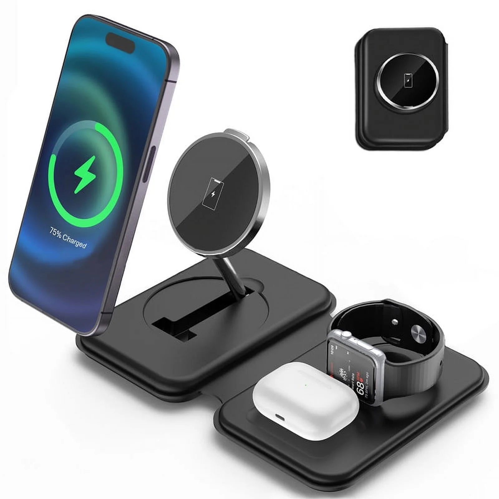 3-in-1 Wireless Charging Station Stand - Magnetic Foldable Charger for iPhone 15/14/13, AirPods Pro/3/2, and Apple Watch 2-9/SE/Ultra