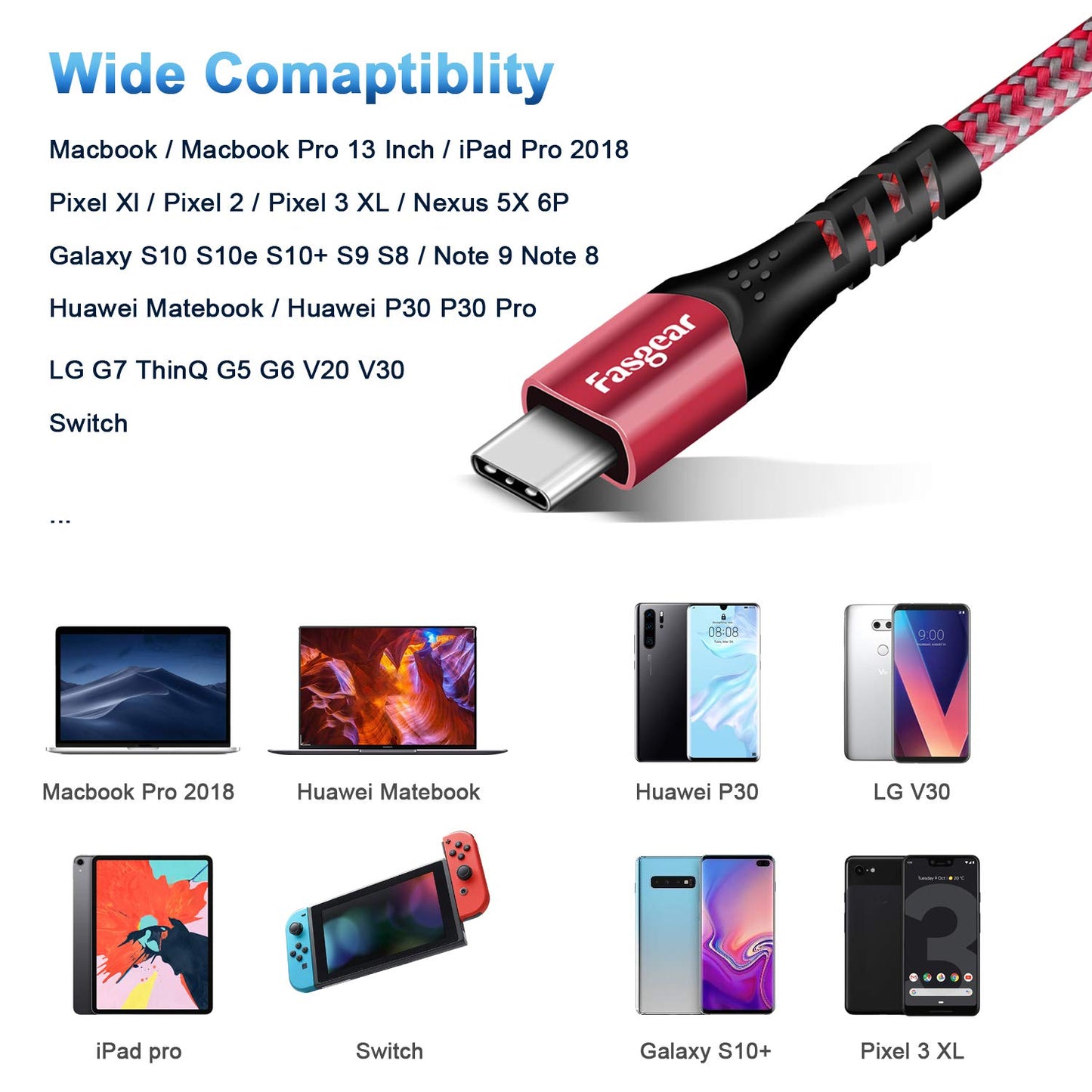 Fasgear 1.6Ft USB C to USB C Cable - 100W Fast Charging, 10Gbps USB 3.1 Gen 2, 5A Power Delivery, E-Marker Chip - Compatible with Macbook, Galaxy S21, iPad Air, Pixel 5/4/XL, Red