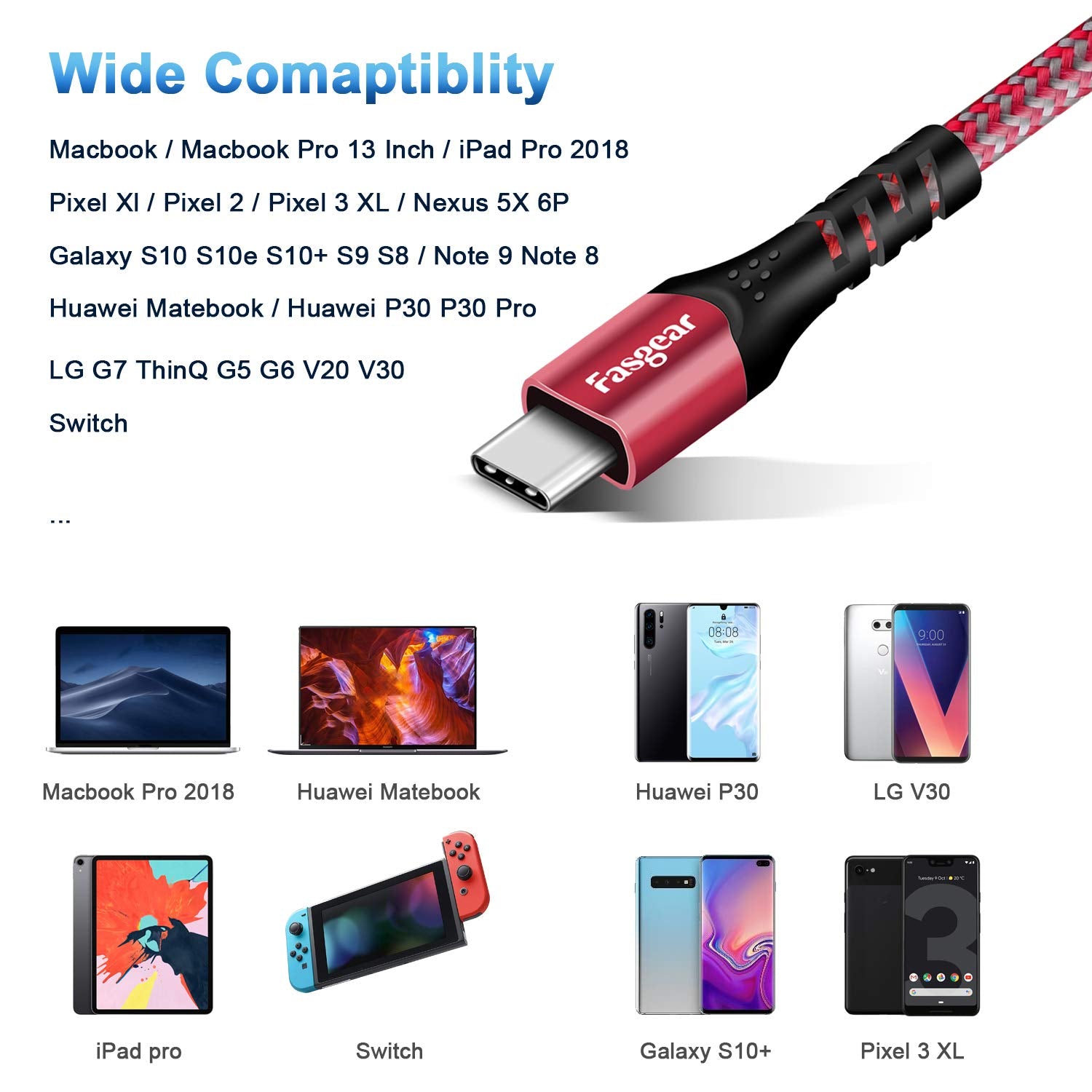 Fasgear 1.6Ft USB C to USB C Cable - 100W Fast Charging, 10Gbps USB 3.1 Gen 2, 5A Power Delivery, E-Marker Chip - Compatible with Macbook, Galaxy S21, iPad Air, Pixel 5/4/XL, Red