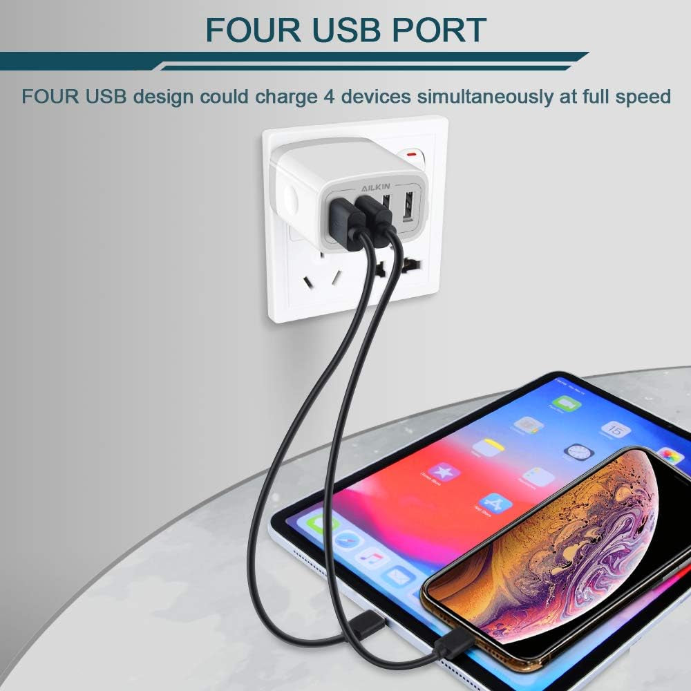 AILKIN 2-Pack High-Speed 4.8A Multi-Port USB Wall Charger - Compatible with iPhone, Samsung, LG & More!