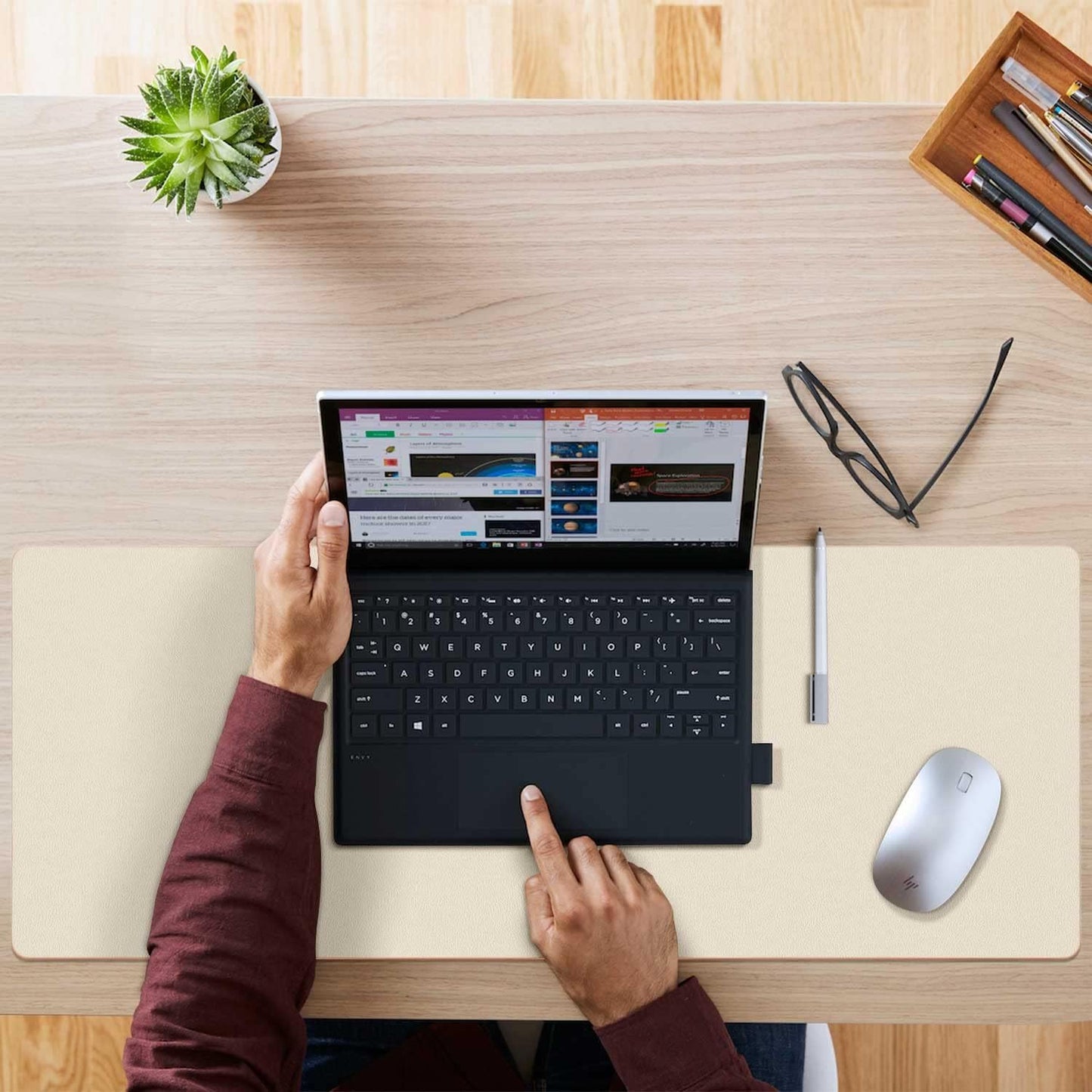 Aothia Extra Large Double-Sided PU Leather Desk Pad - Non-Slip Mouse Pad & Durable Desk Mat for Home/Office - Waterproof & Easy to Clean (31.5" X 15.7", Beige)