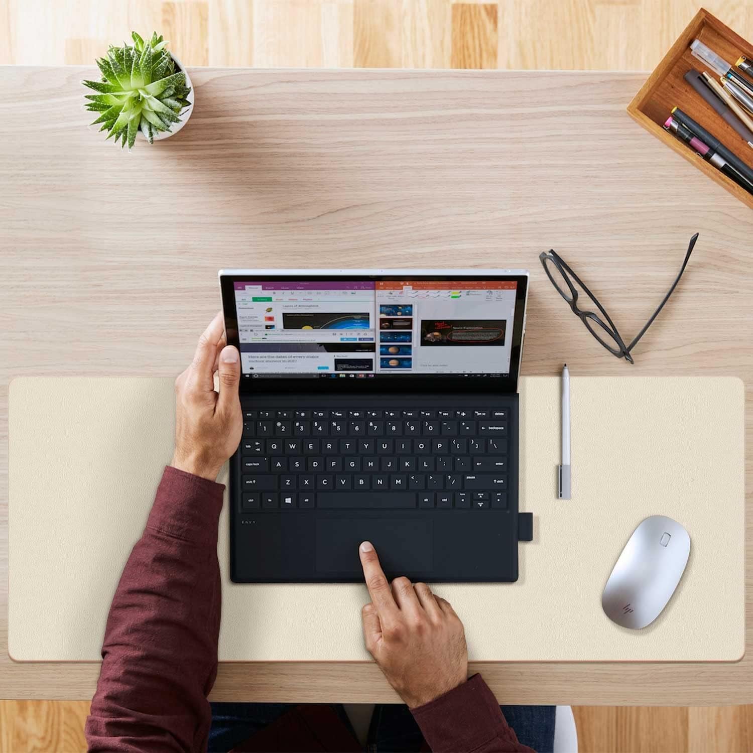 Aothia Extra Large Double-Sided PU Leather Desk Pad - Non-Slip Mouse Pad & Durable Desk Mat for Home/Office - Waterproof & Easy to Clean (31.5" X 15.7", Beige)