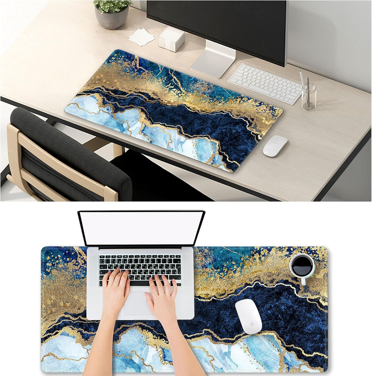 Artso XXL Blue Marble Gaming Mouse Pad – Extra Large Non-Slip Desk Mat with Stitched Edges for Ultimate Comfort and Style, 35.1" x 15.7