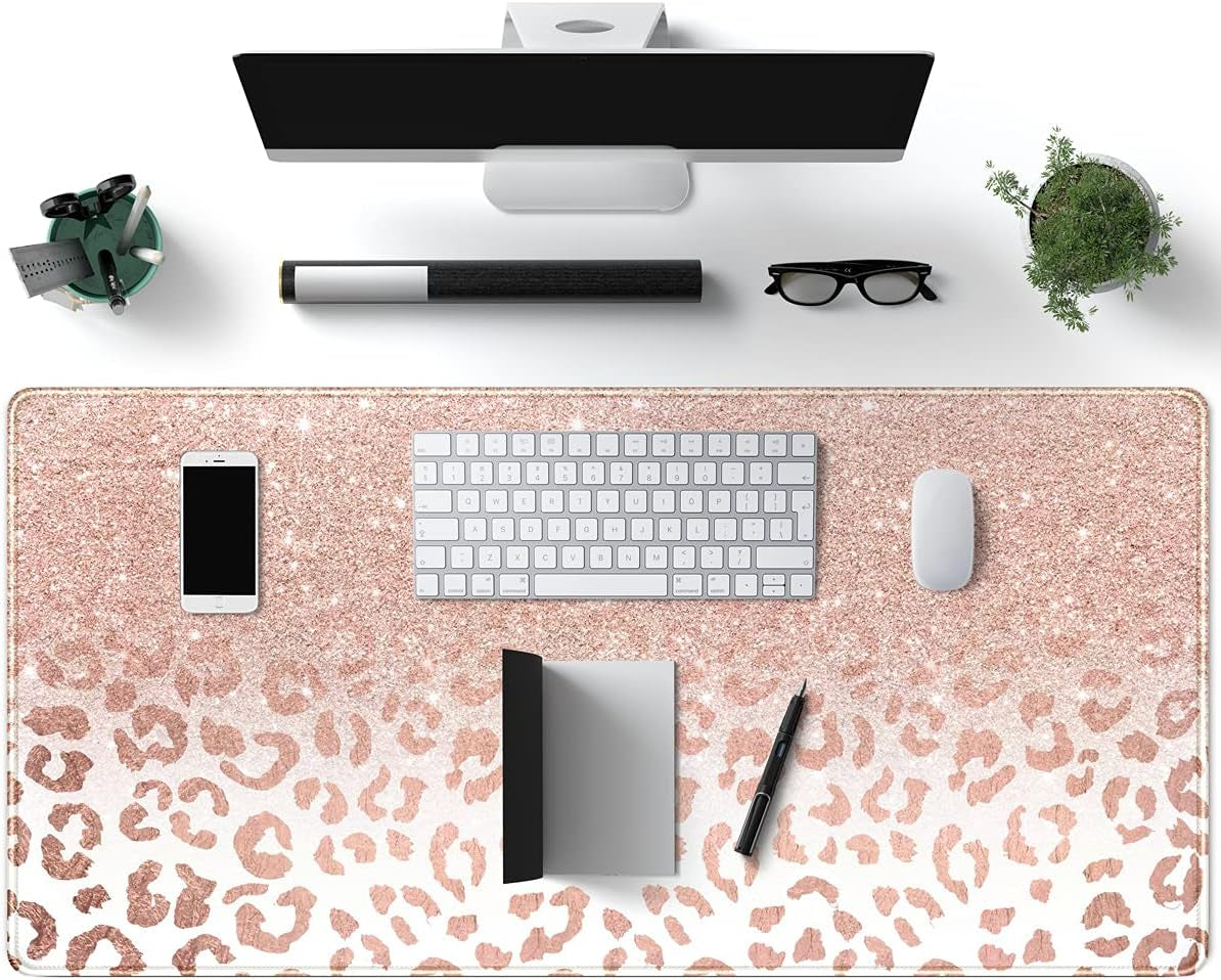 Chic Pink Rose Gold Leopard Print XXL Desk Mat - Trendy Non-Slip Mouse Pad for Women, 31.5x15.75 Inches with Durable Stitched Edges