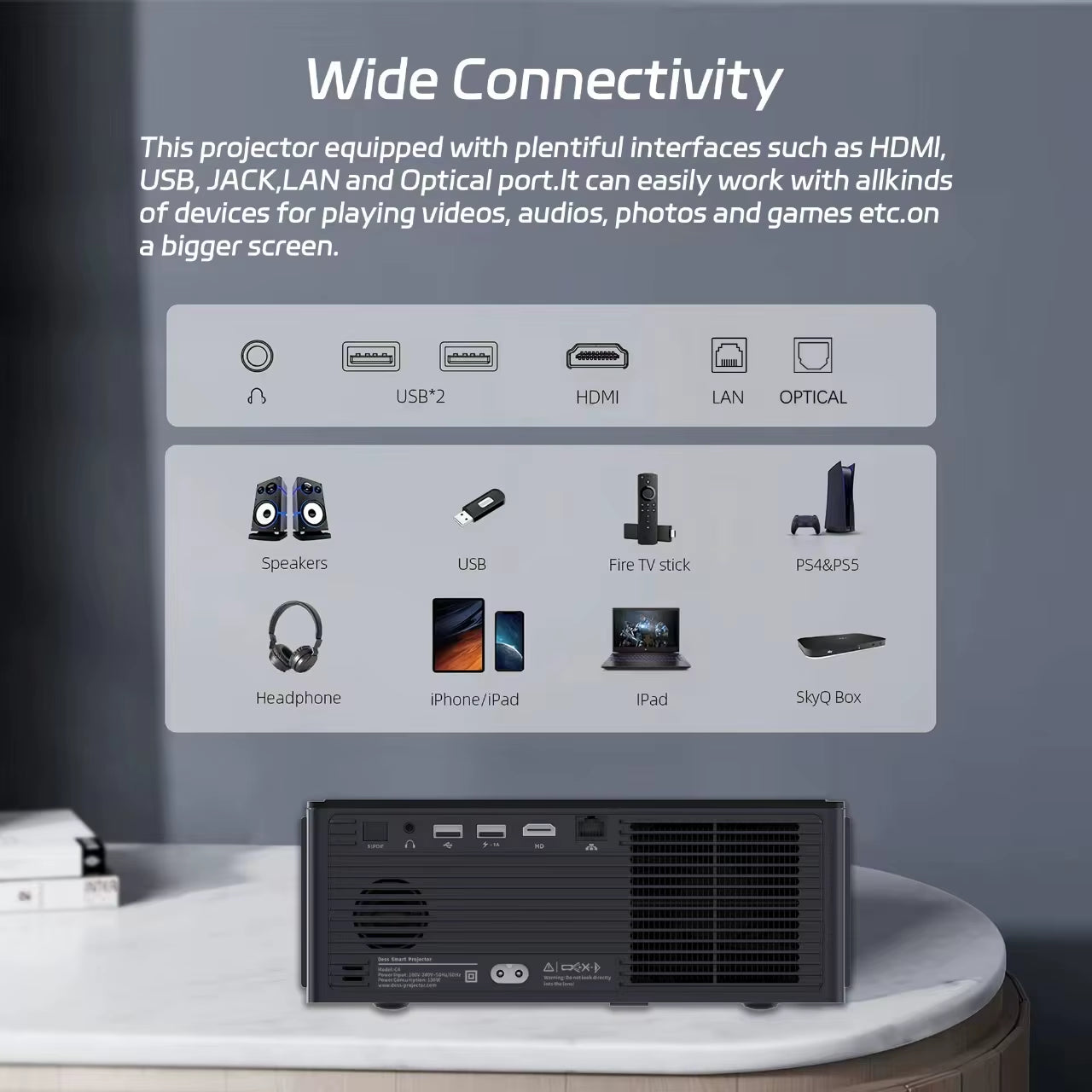 C4 PRO 1080P Full HD 4K Smart Projector - 1200 ANSI Home Theater Experience with 32GB Storage