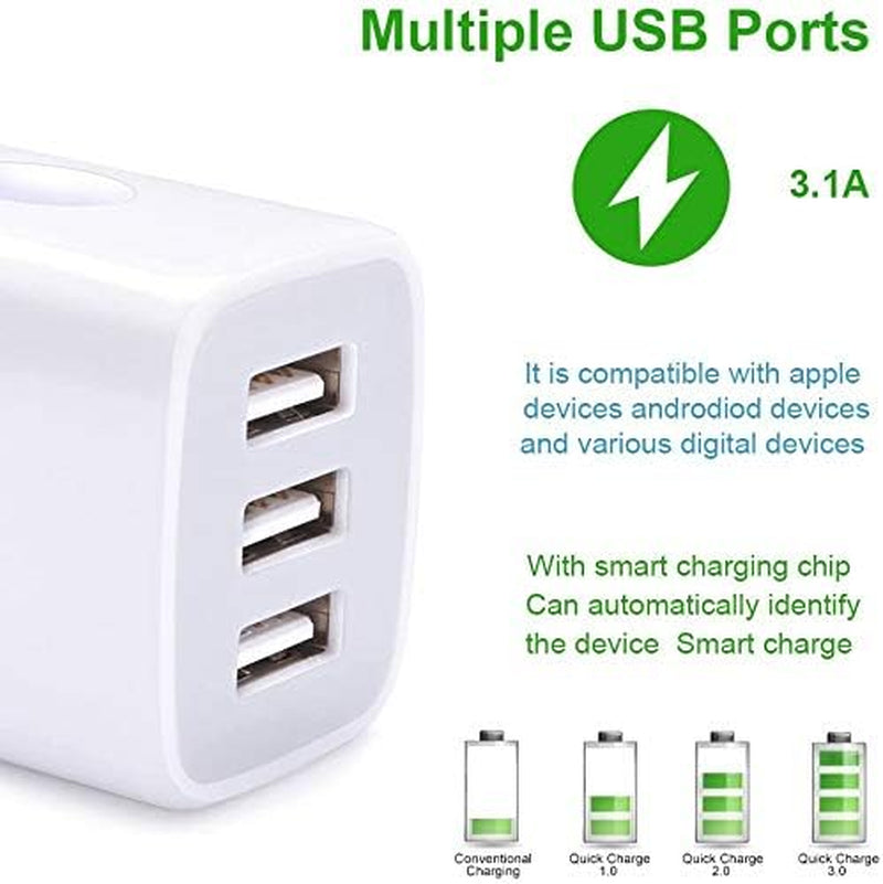 Sicodo 3-Pack Fast Charging USB Wall Charger Adapter - 3.1A Power for iPhone, Samsung Galaxy, and Google Devices