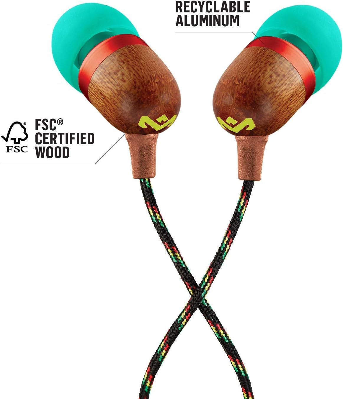 House of Marley Smile Jamaica: Wired Earphones with Microphone, Noise Isolating Design, and Sustainable Materials (Rasta)