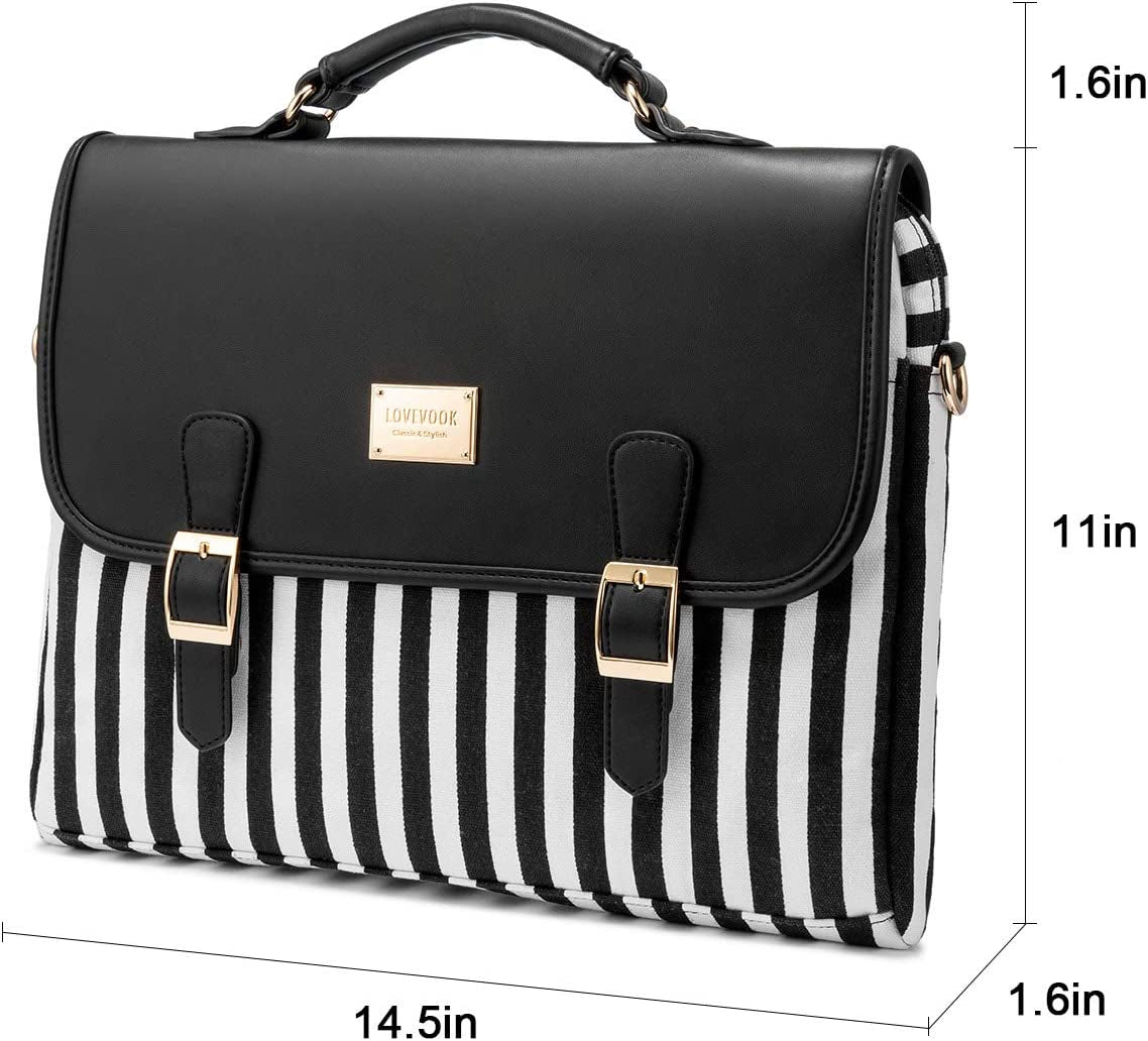 Stylish 14-Inch Laptop Messenger Bag for Women - Black Stripe Computer Case for Work and College